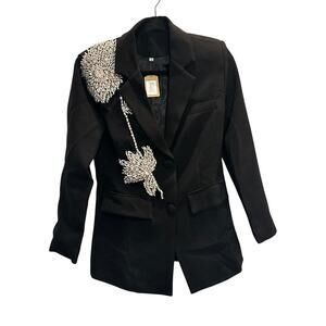 Zoey – Rhinestone Floral Embellished Blazer – Black – Size Small